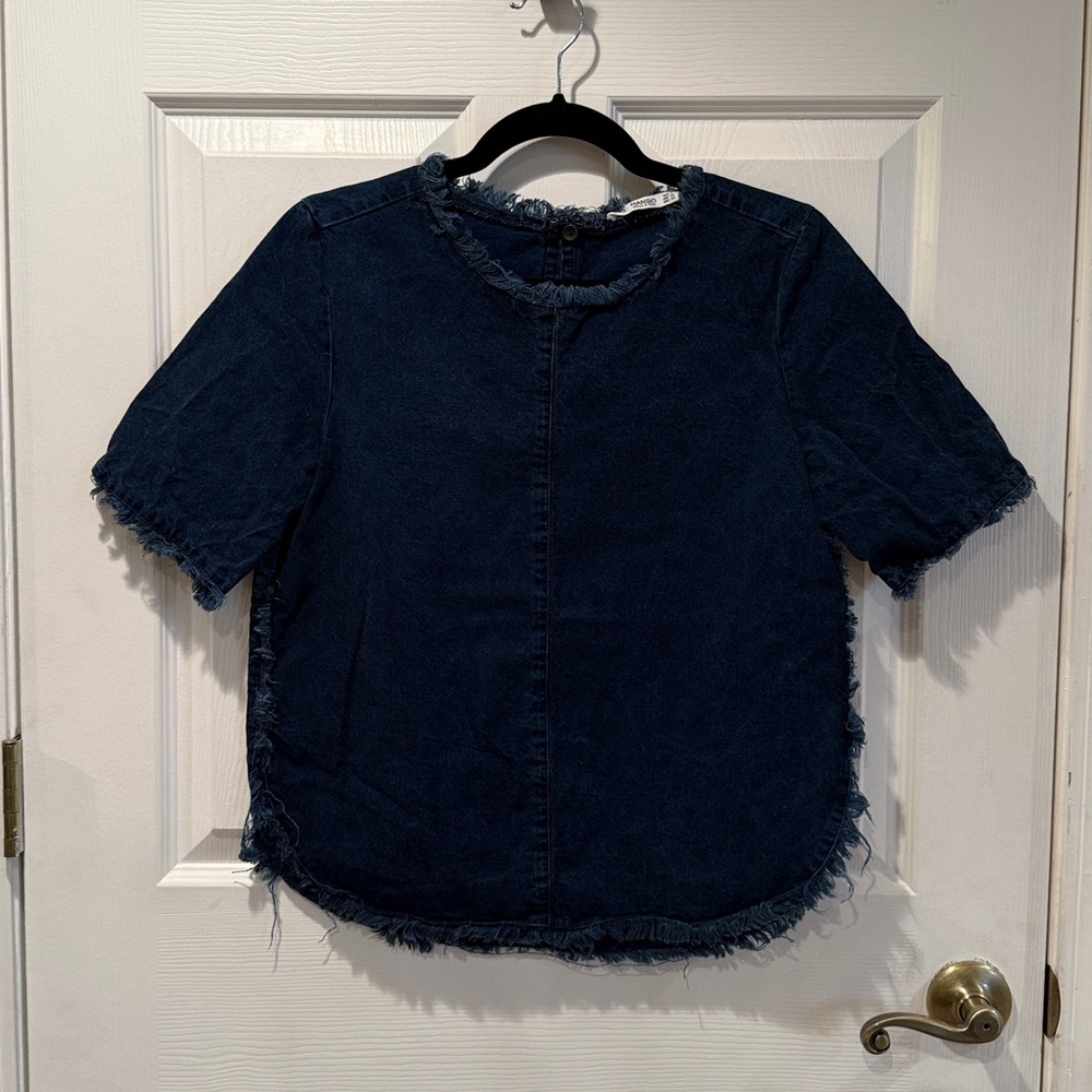 MANGO MNG Blue Denim Raw Edge Short Sleeve Top
